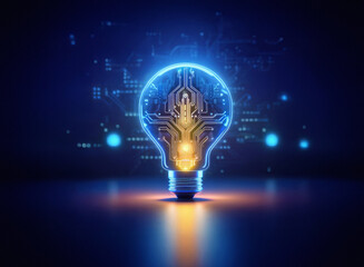 Glowing lightbulb with integrated circuit design, representing innovation and technological advancement in a dark blue setting.  Digital circuitry and bright light symbolizes new ideas.