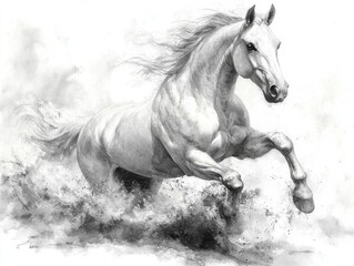 A dynamic illustration of a white horse galloping through splashing water.