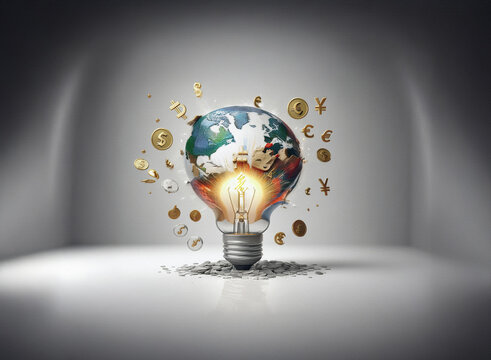A glowing lightbulb containing a fractured Earth, surrounded by currency symbols, sits on a cracked surface.  This symbolizes global finance and innovative solutions.