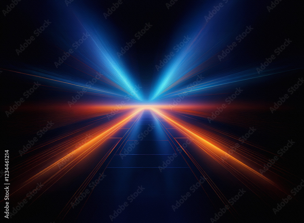 Poster abstract image of a glowing, converging pathway. vivid blue and orange light streaks radiate from a 