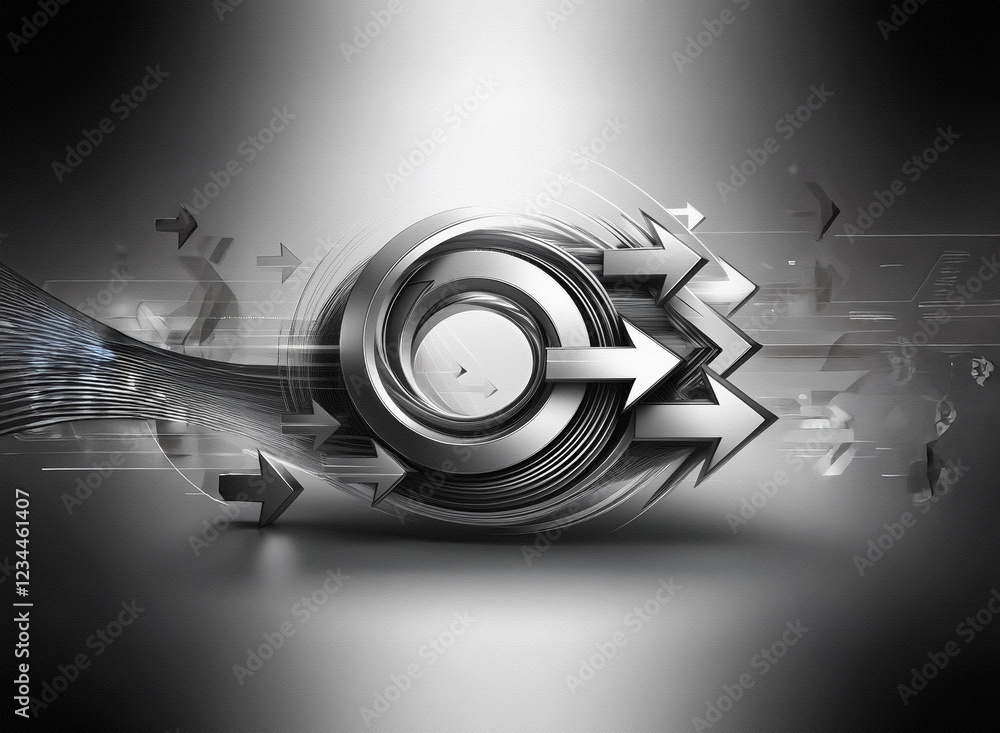 Aufkleber Abstract metallic arrows spiral dynamically, suggesting motion, progress, and interconnectedness within a technological, grayscale environment.
