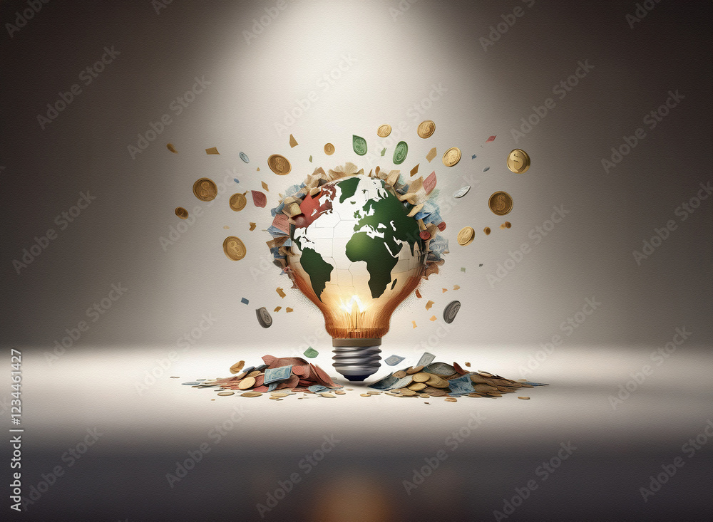 Aufkleber a lightbulb, illuminated, contains a miniature earth surrounded by exploding currency. it symbolizes