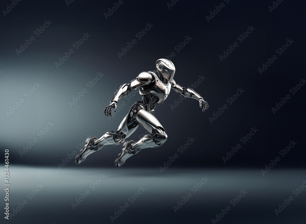 Poster A sleek, chrome robot leaps forward, dynamic pose against a dark background.  Its metallic body gleams under an unseen light source.  The image suggests speed, power, and futuristic technology.
