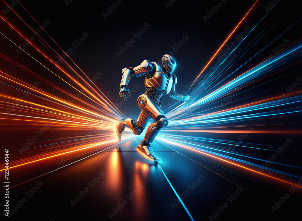 Poster A metallic robot runs through a futuristic tunnel of vibrant orange and blue light streaks.  Its sleek design and dynamic pose convey speed and technological advancement.