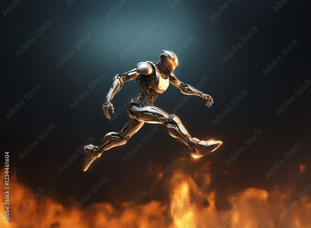 Poster A chrome robotic figure leaps dynamically over a fiery expanse, showcasing incredible power and agility.  Its metallic form gleams against the dark background.