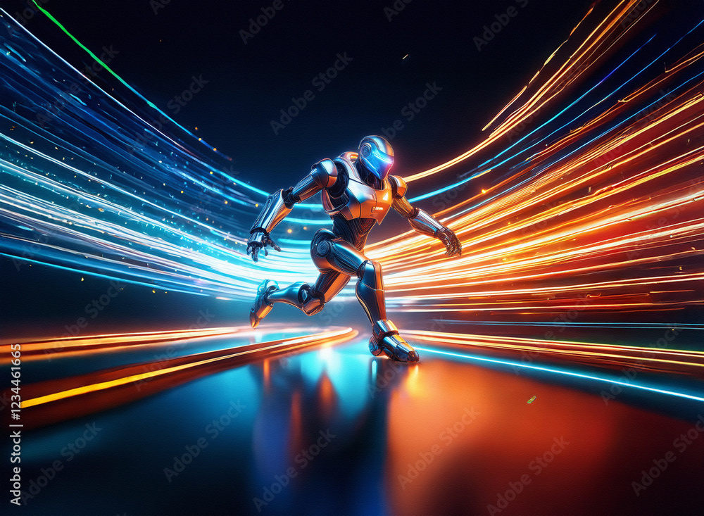 Poster Futuristic robot in dynamic motion, streaks of vibrant light trails behind it, showcasing speed and power.  The scene is dark and sleek, emphasizing the robot's metallic body.