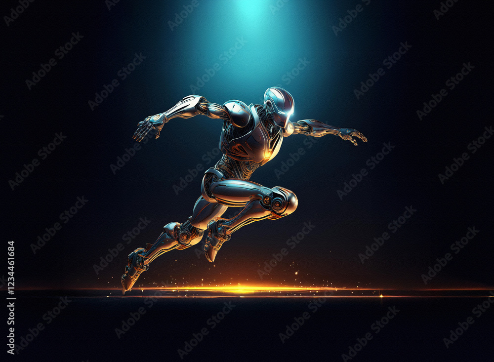 Poster A futuristic robot, sleek and metallic, is captured mid-stride, powerful and dynamic, illuminated by a bright cyan light.  Its movement is swift and suggests incredible speed and agility.