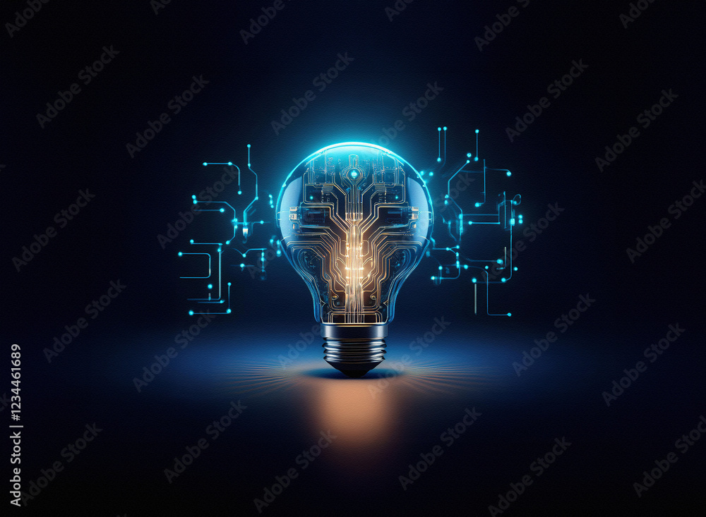 Poster a glowing lightbulb, its filament replaced by intricate circuit boards, symbolizes innovation and te