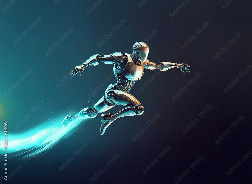 Poster a metallic android, sleek and powerful, leaps forward, leaving a glowing teal trail. its pose sugges