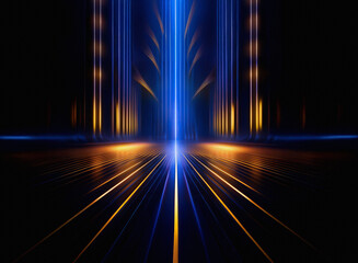 Abstract digital art depicting a futuristic, glowing cityscape at night.  Vertical lines of blue and orange light converge on a reflective surface.