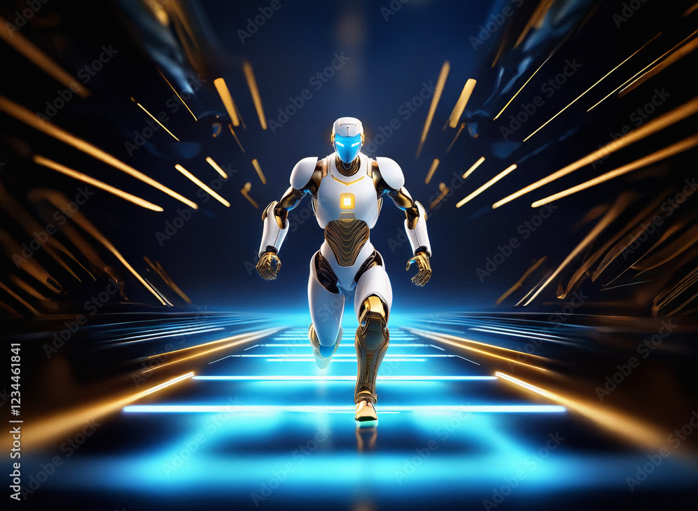 Poster a futuristic humanoid robot, white and gold, strides forward on a glowing blue and gold pathway. its