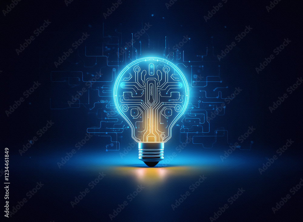 Poster a glowing lightbulb, its filament replaced by a circuit board, symbolizes innovation and technologic