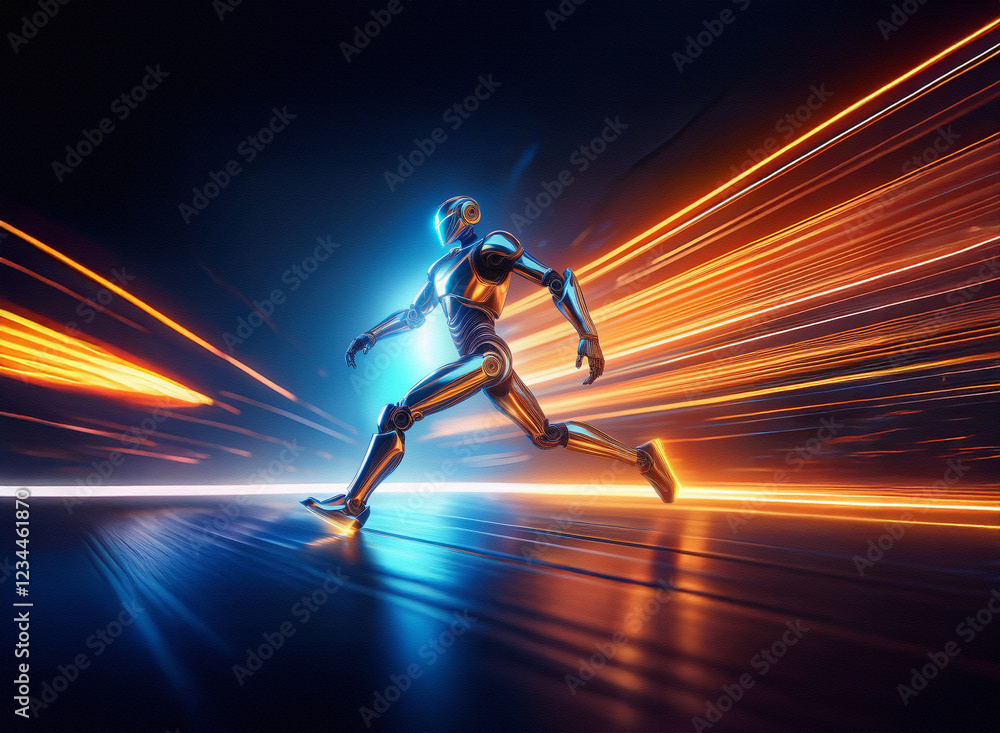Poster a metallic android runs at incredible speed through a futuristic, glowing landscape. streaks of ligh
