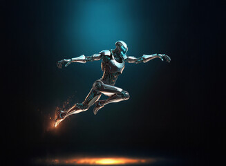 A chrome robot leaps forward, propelled by fiery energy, its metallic form gleaming under a dramatic blue light.  The pose suggests speed and power.