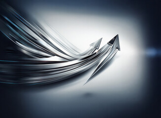 Obraz premium Sleek, metallic arrows curve upward, suggesting growth and progress against a dark, reflective background. The design evokes a sense of speed and dynamism.