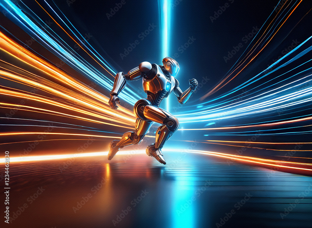 Poster a metallic robot runs through a futuristic tunnel of vibrant light streaks, showcasing speed and tec