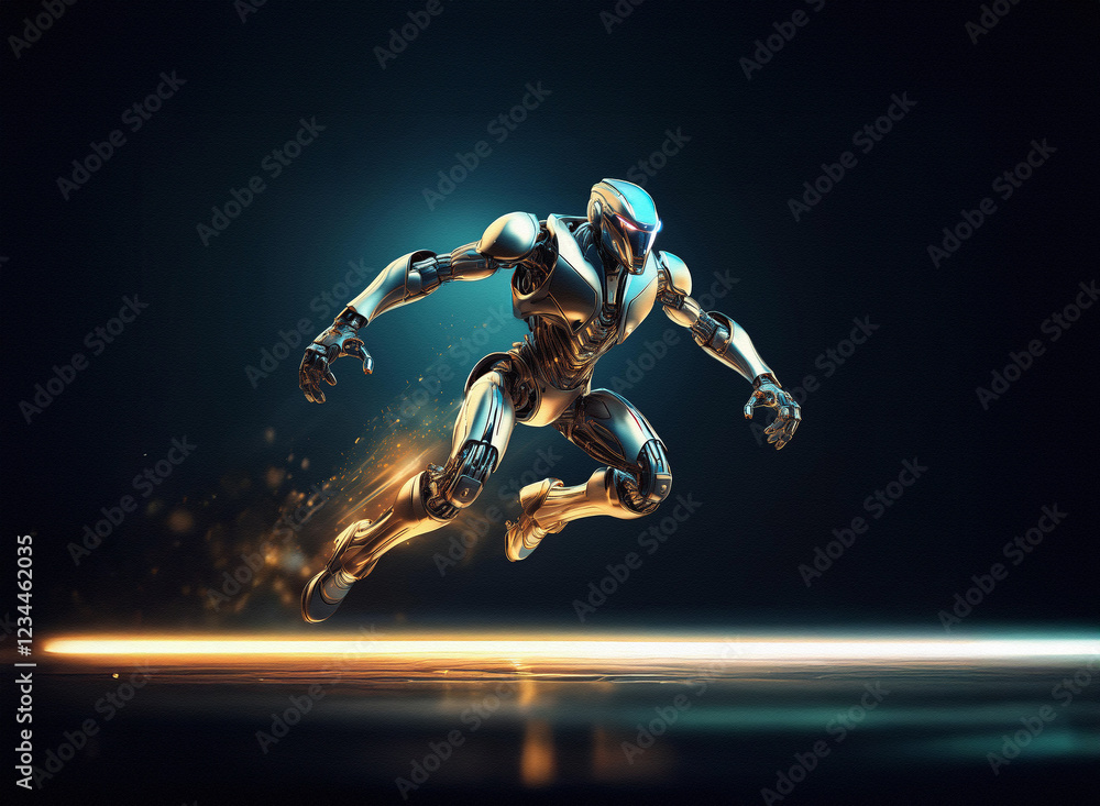 Aufkleber A futuristic robot, sleek and metallic, leaps forward with dynamic energy.  Glowing trails accentuate its speed and power against a dark background.