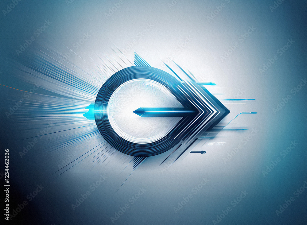 Poster Abstract digital art depicting a stylized arrow within a circular frame.  Blue and white hues create a sense of speed and movement.  The design is sleek and modern.