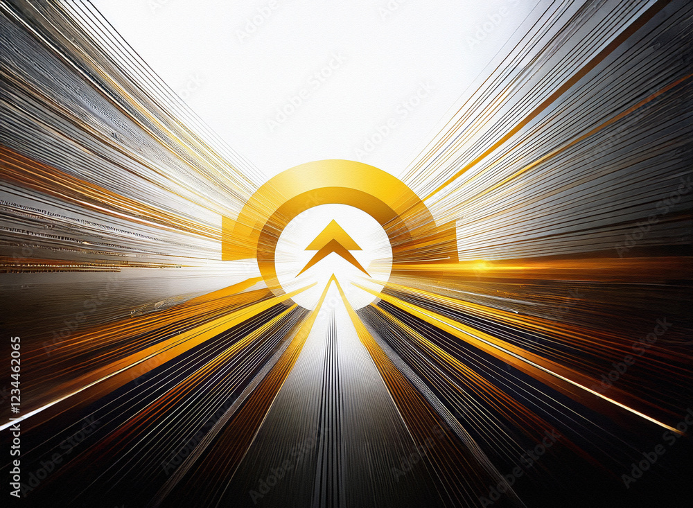 Fototapete abstract image depicting a dynamic, upward-moving arrow within a circular golden frame, set against 