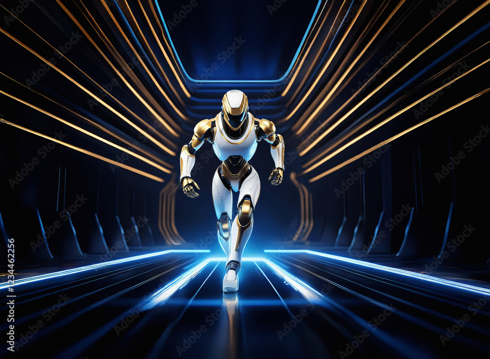 Aufkleber a sleek, humanoid robot strides down a futuristic corridor, illuminated by glowing blue and gold lin