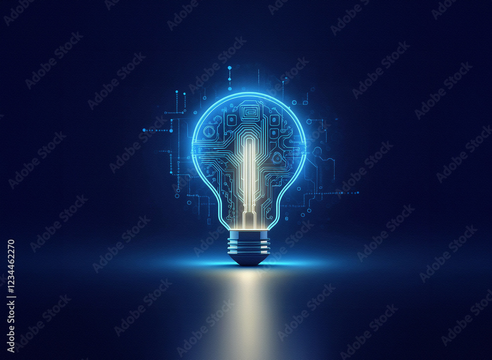 Poster a glowing lightbulb, its interior a complex circuit board, symbolizes innovative technology and brig