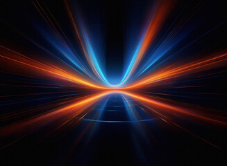 Abstract digital art depicting vibrant streaks of blue and orange light converging at a central...