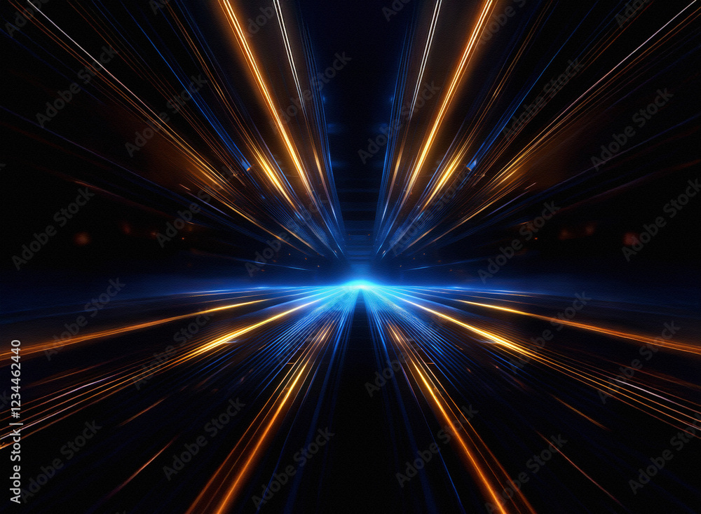 Poster abstract image depicting a futuristic, high-speed light trail effect. glowing streaks of blue and or