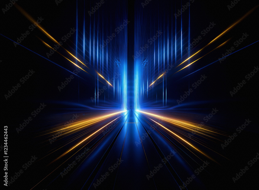 Poster abstract digital art depicting a futuristic, symmetrical tunnel of light. blue and gold energy strea
