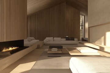 Fototapeta premium Modern minimalist wooden living room with fireplace