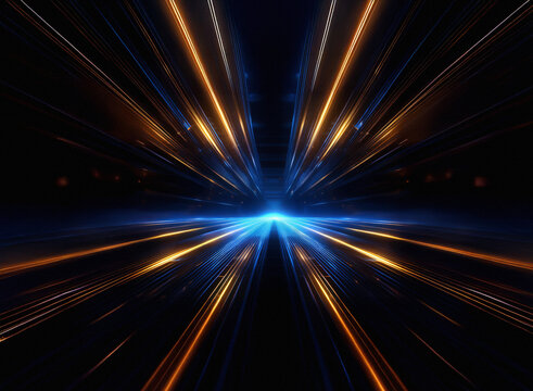 Abstract image depicting a futuristic, high-speed light trail effect.  Glowing streaks of blue and orange converge at a vanishing point, creating a sense of movement and energy.