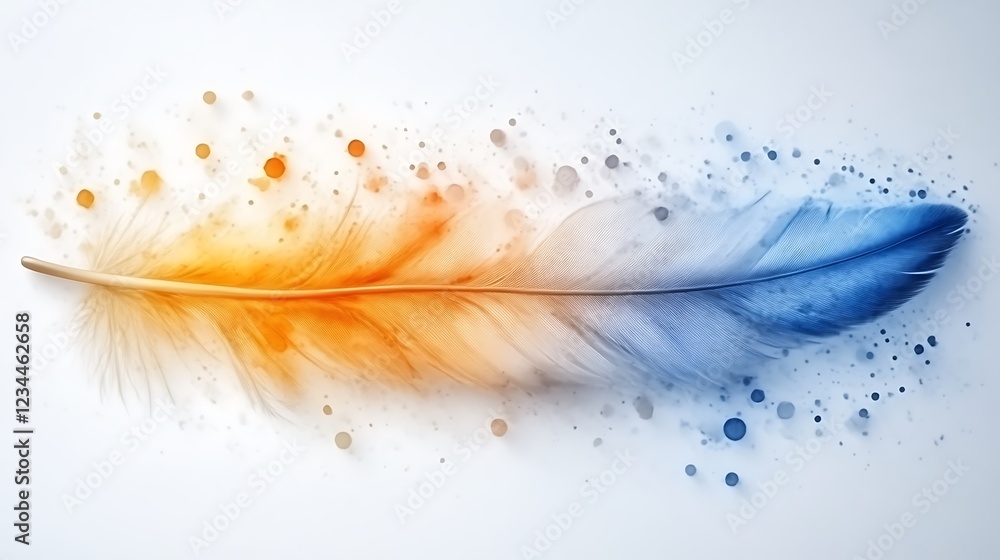Poster a feather in two hues: abstract illustration with gradient color and splatters