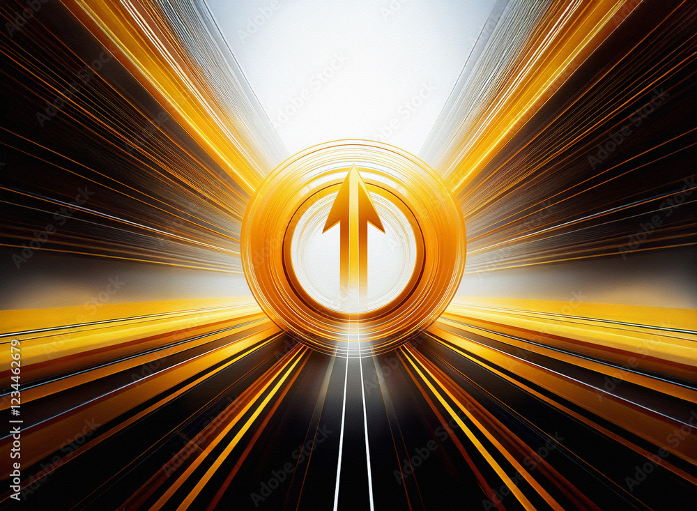 Poster Abstract image depicting upward motion.  Golden arrow inside a circle, surrounded by dynamic, radiating lines suggesting speed and progress.  Bright light emanates from the center.