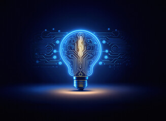 Glowing lightbulb with integrated circuit design, symbolizing innovative technology and bright ideas.  A futuristic concept of digital intelligence.