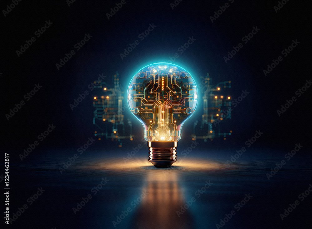 Poster a glowing lightbulb with integrated circuit board design, emitting a futuristic, ethereal glow again
