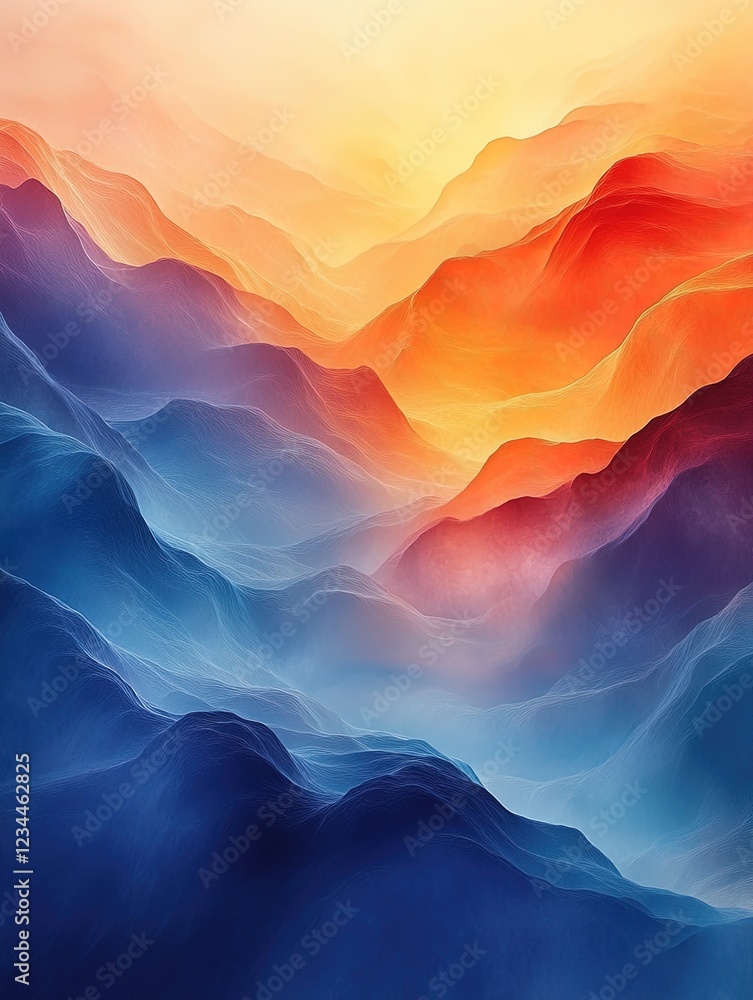 Poster abstract mountains flowing with red, yellow and blue gradient background for use in art