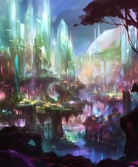 A vibrant fantasy crystal city of sparkling crystals and imaginative landscapes