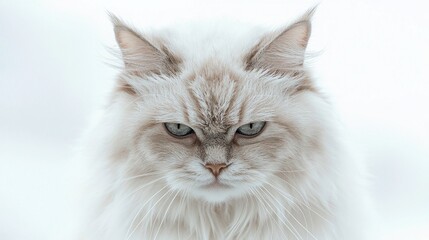 Close-up portrait of a fluffy longhair cat with intense blue eyes. The creamy white fur contrasts beautifully against the bright background, creating a striking image.