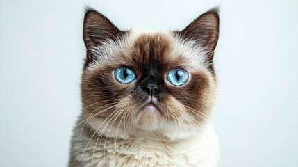 Fototapeta premium Adorable fluffy cat with striking blue eyes stares intently at the camera. The soft fur and neutral background create a peaceful mood.