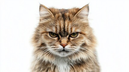 Fototapeta premium A grumpy-looking longhaired cat with brown and tan fur glares intensely at the camera against a stark white background. The cat's expression is serious and slightly intimidating.
