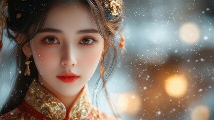 Fototapeta premium A portrait of a young woman in traditional attire against a snowy backdrop.