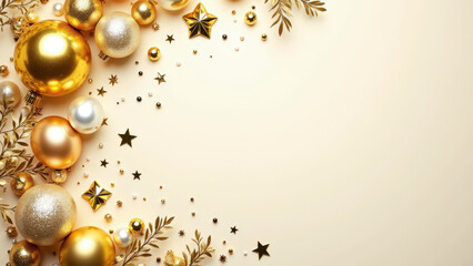 Festive gold ornaments scattered across a celebratory background.