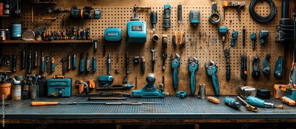 Poster well-organized workshop with various tools neatly arranged on a pegboard and workbench.