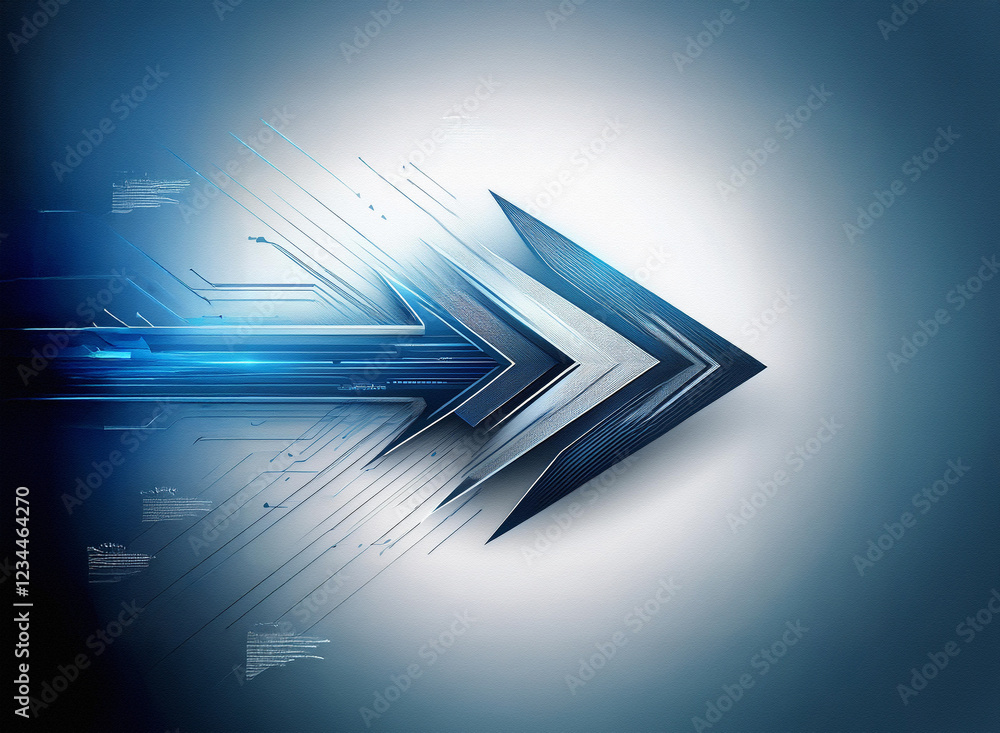 Poster abstract illustration of a sleek, three-dimensional arrow, rendered in shades of blue, moving dynami