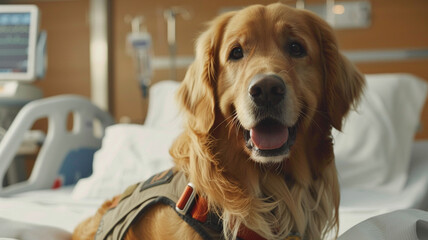 Beside a hospital bed, a therapy dog wearing its vest offers a soothing presence, aiding a patient’s recovery with its calming companionship.