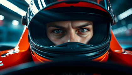 Racing helmet, intense gaze, reflective visor, red and blue colors, dramatic lighting, closeup portrait, futuristic atmosphere, cyberpunk aesthetic, high contrast, moody, cinematic, hyper-realistic, 8