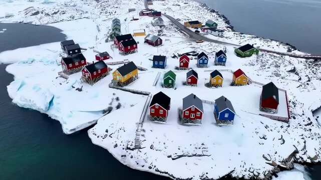 Colorful wooden houses on snowy coastline in greenland