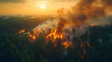 Wildfire Spreading in Dense Green Jungle, Smoke and Flames Rising in the Air