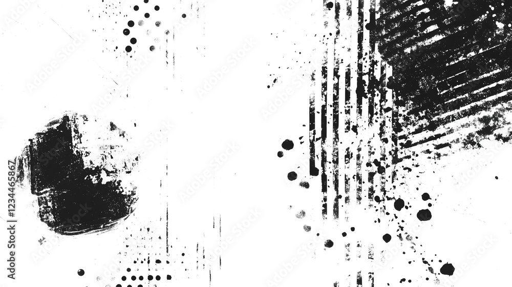 Poster Striking abstract monochrome composition featuring dynamic ink splash effects textured patterns and glitch inspired digital elements  This modern experimental design evokes a sense of movement