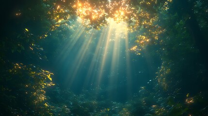 Fototapeta premium Sunbeams penetrate the underwater forest canopy, illuminating the depths.