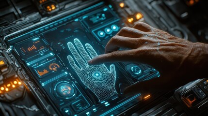 Hand activating futuristic scanner on spaceship control panel